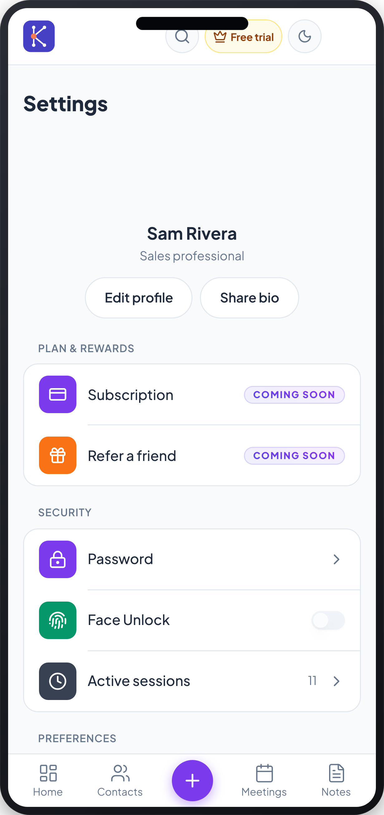 Settings — mobile
